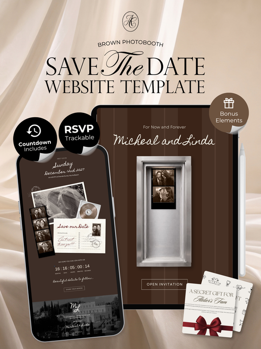 Brown Photo Booth Save the Date with RSVP, Editable Canva Wedding Website, Digital Invitation | Instant Download