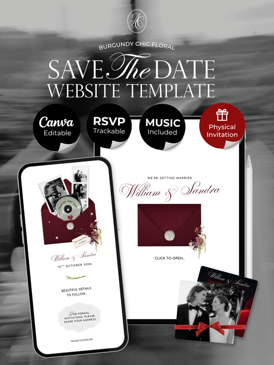 Burgundy Floral Save the Date Website with RSVP/Details,Music and Countdown Timer: Canva Digital Invitation Template (Digital Download)