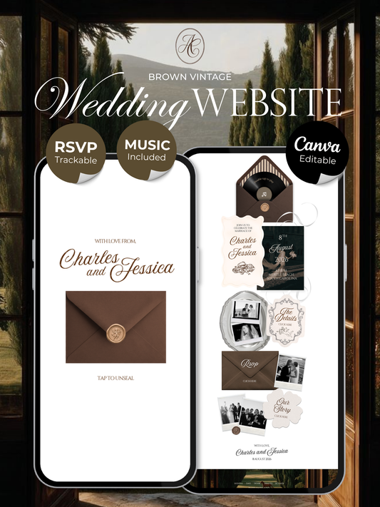 Espresso Brown & Ivory Wedding Website Template with RSVP, Music and Coundown Timer: Editable Canva Design (Digital Download)