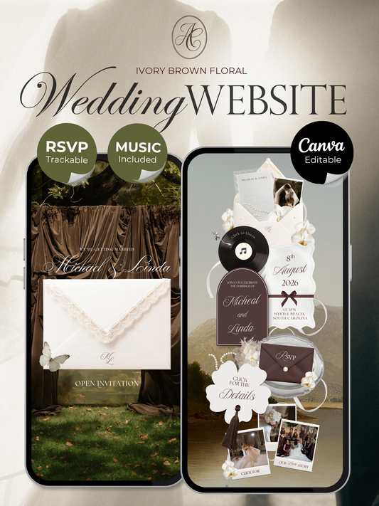 Brown & Ivory Floral Wedding Website Template with RSVP, Countdown and Music: Classic Envelope Digital Invitation
