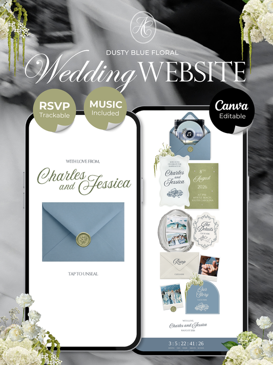 Dusty Blue Wedding Website Template with RSVP, Music and Countdown Timer: Elegant Editable Old Money Canva Site | Invitation Classic Wedding