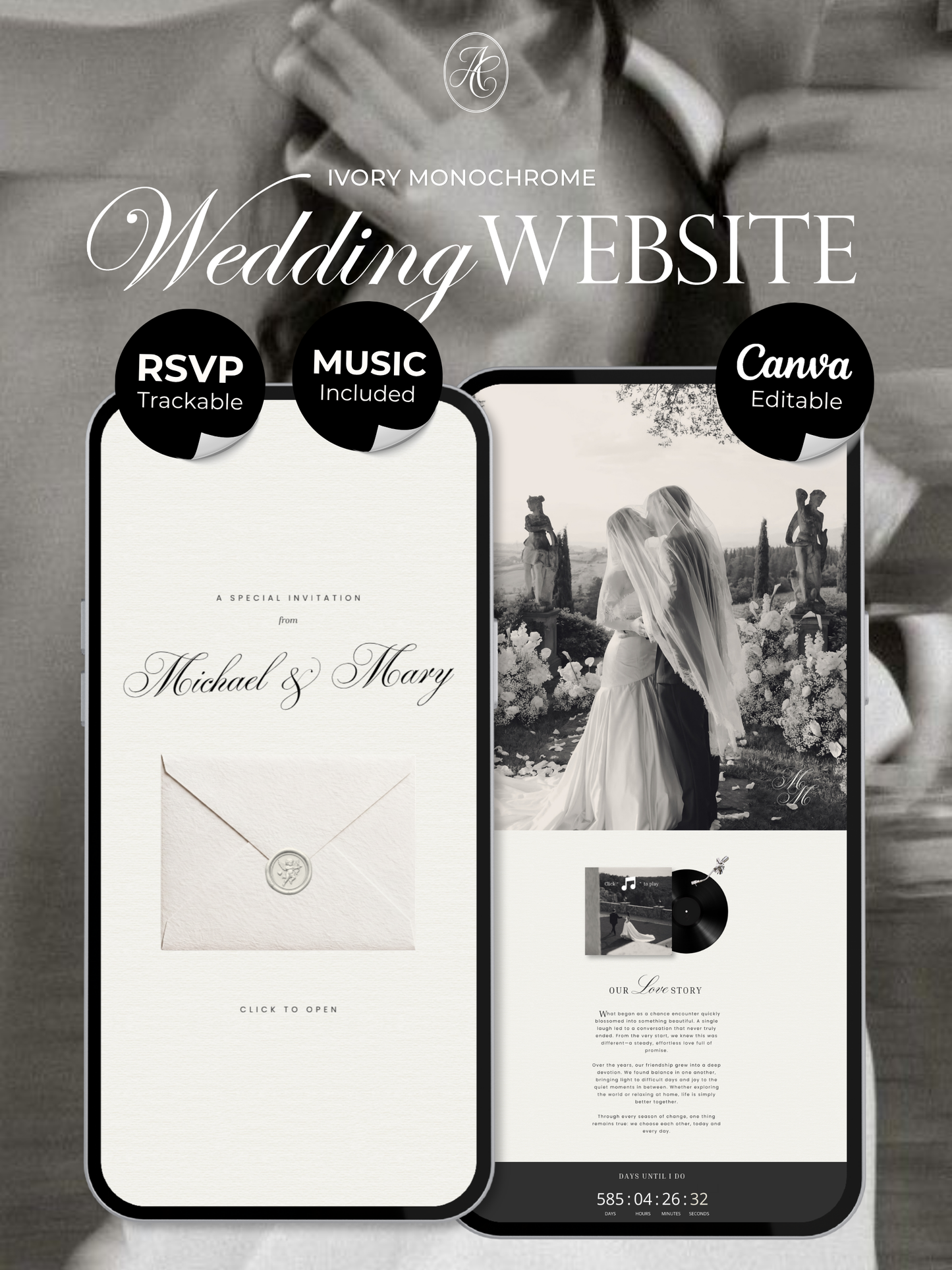 Ivory & Black Minimal Wedding Website Template with RSVP, Countdown and Music: DIY Canva Template (Digital Download)
