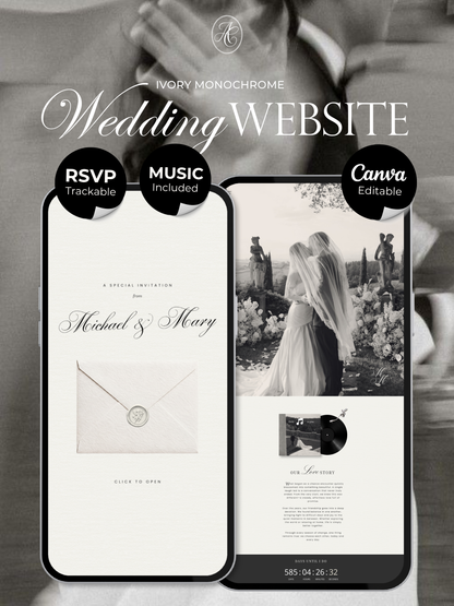 Ivory & Black Minimal Wedding Website Template with RSVP, Countdown and Music: DIY Canva Template (Digital Download)