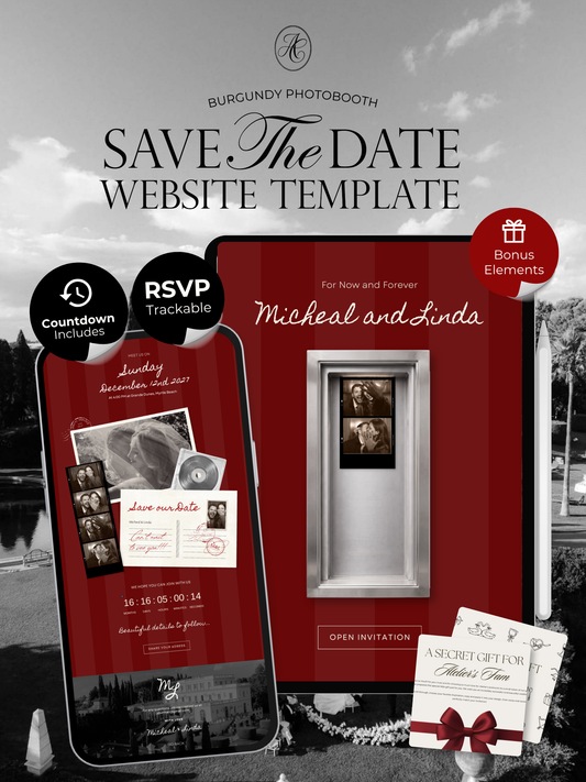 Burgundy Photo Booth Save the Date with RSVP, Editable Canva Wedding Website, Digital Invitation | Instant Download