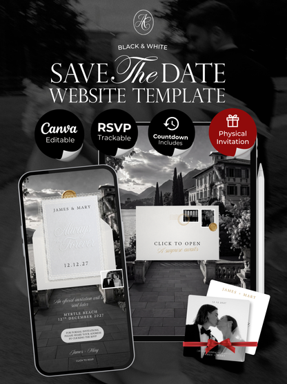 Black White Romantic Lace Save the Date Website with Details Form, RSVP and Countdown Timer: Canva Digital Invitation (Digital Download)