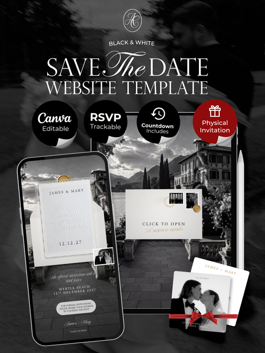Black White Romantic Lace Save the Date Website with Details Form, RSVP and Countdown Timer: Canva Digital Invitation (Digital Download)