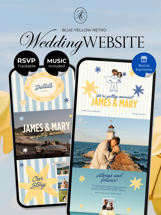 Blue & Yellow Retro Wedding Website Template | Digital Wedding Invitation with RSVP, Music and Coundown Timer | Instant Download