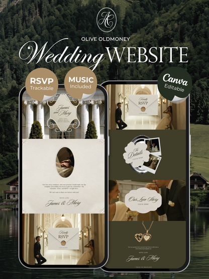Olive Green Wedding Website Template with RSVP, Music and Countdown Timer: Old Money Wedding Invitation | Classic Digital Invitation