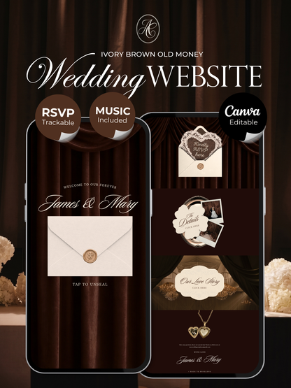 Old Money Wedding Website Template with RSVP, Music and Countdown Timer: Classic Brown Digital Invitation