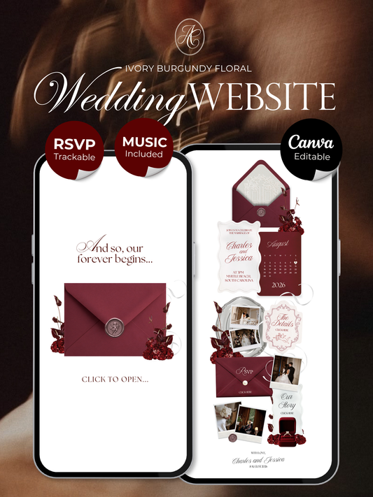Burgundy & Ivory Vintage Floral Wedding Website Template with RSVP, Music and Countdown Timer | Editable Canva Design (Digital Download)