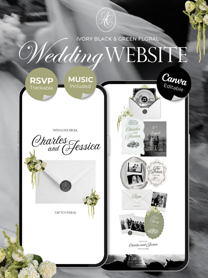 Ivory, Green & Black Floral Wedding Website Template with RSVP, Music and Countdown Timer: Editable Canva Design (Digital Download)