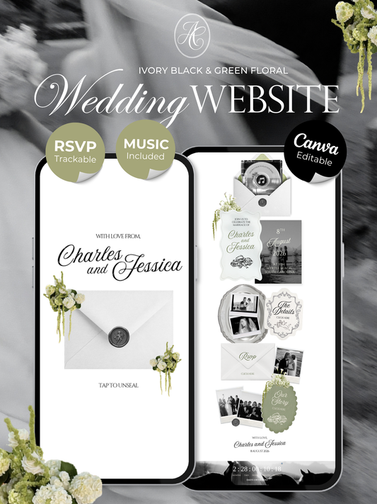 Ivory, Green & Black Floral Wedding Website Template with RSVP, Music and Countdown Timer: Editable Canva Design (Digital Download)