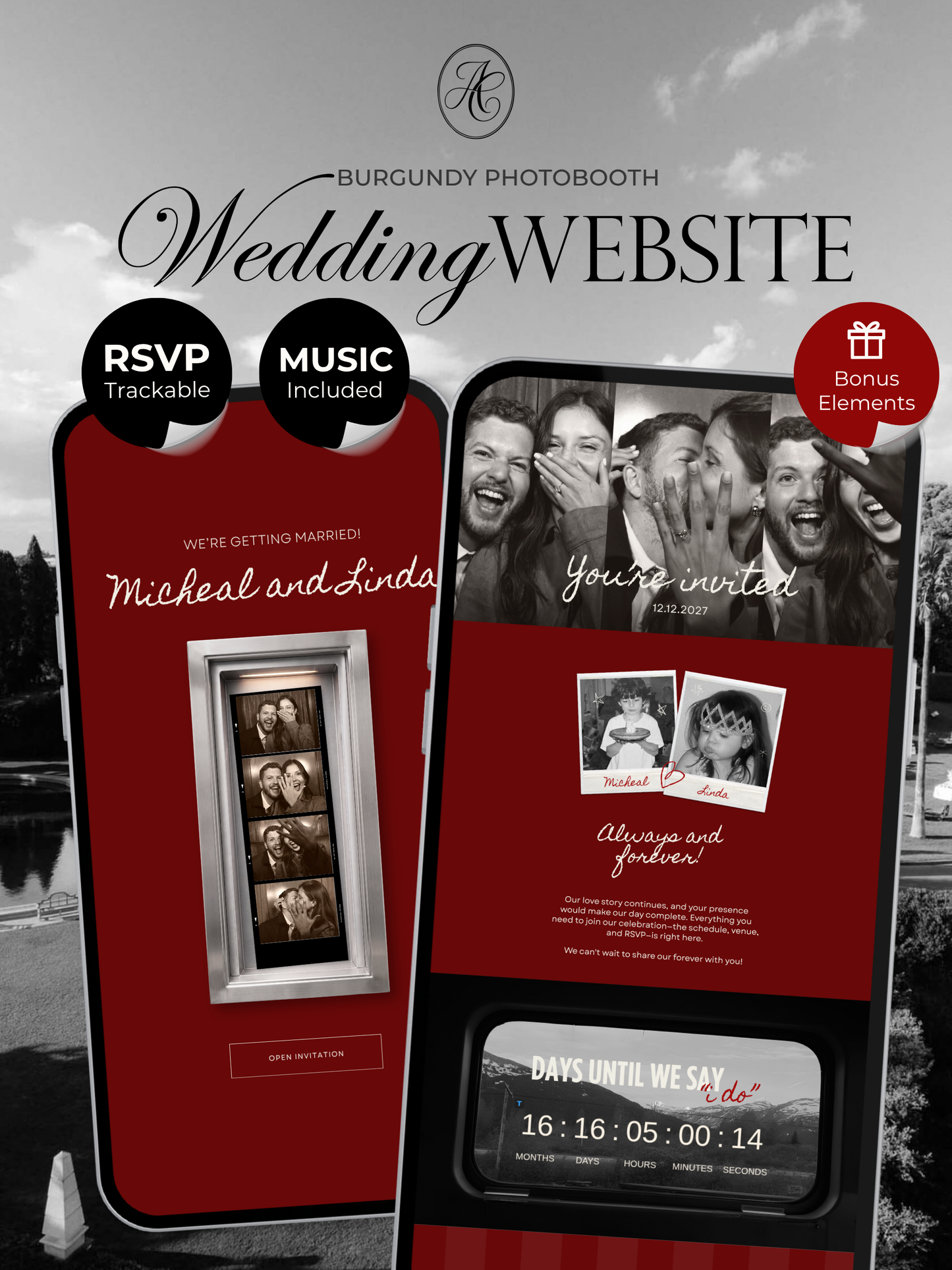 Burgundy Photo Booth Wedding Website Template with RSVP,Music and Countdown Timer: Modern Digital Wedding Invitation | Instant Download