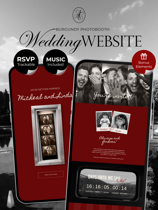 Burgundy Photo Booth Wedding Website Template with RSVP,Music and Countdown Timer: Modern Digital Wedding Invitation | Instant Download