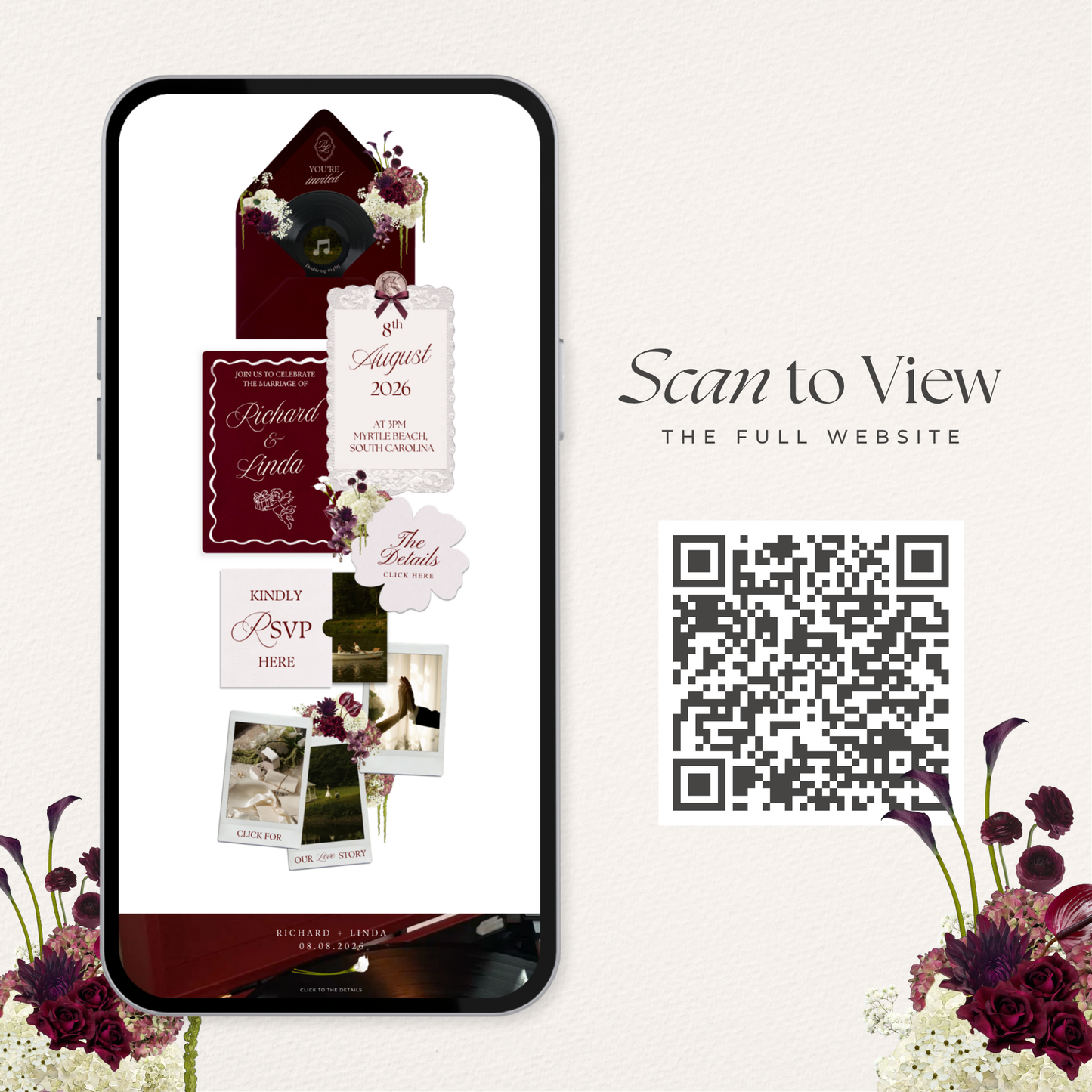 Burgundy Floral Wedding Website Template with RSVP, Music and Countdown Timer: Editable Canva Design (Digital Download)