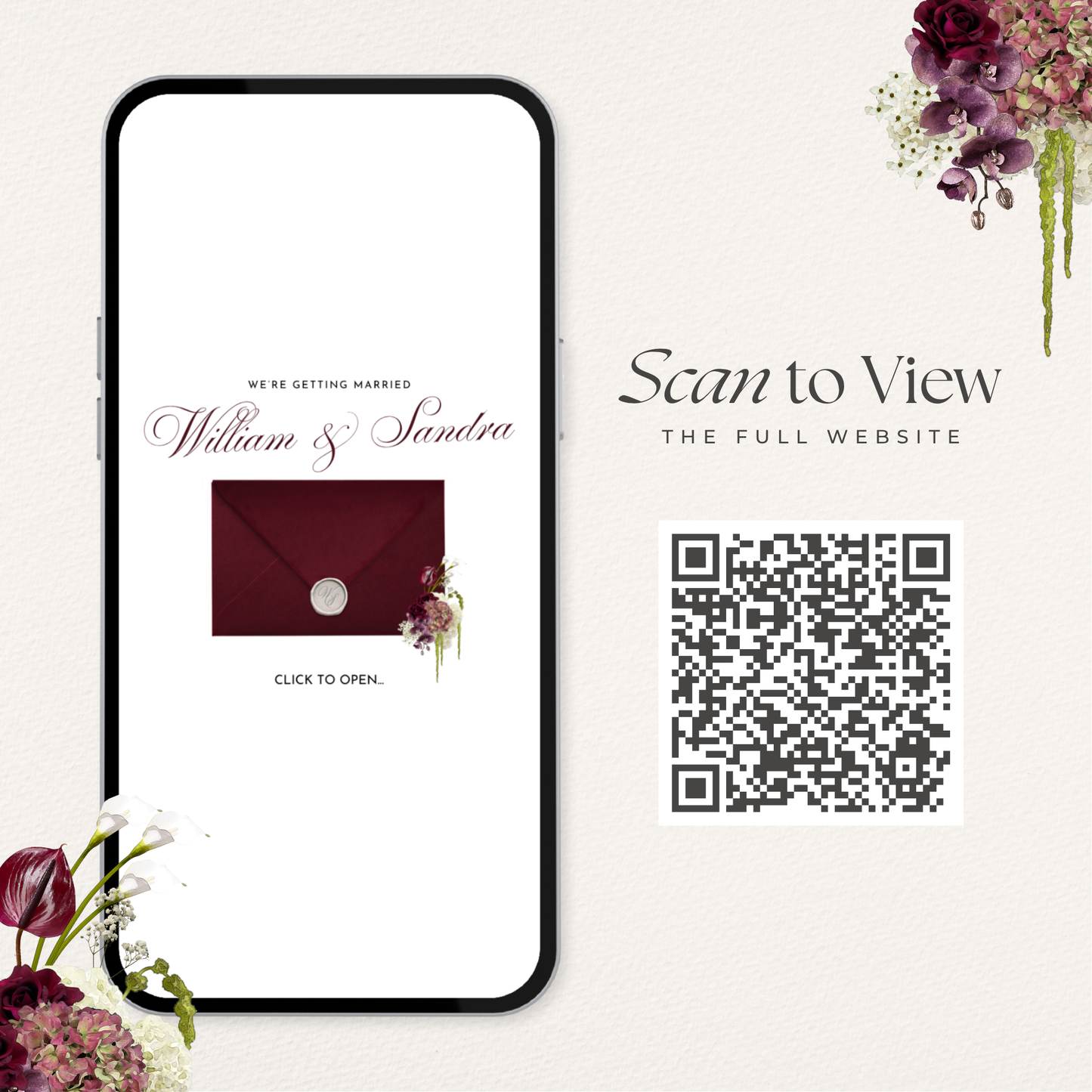 Burgundy Floral Save the Date Website with RSVP/Details,Music and Countdown Timer: Canva Digital Invitation Template (Digital Download)