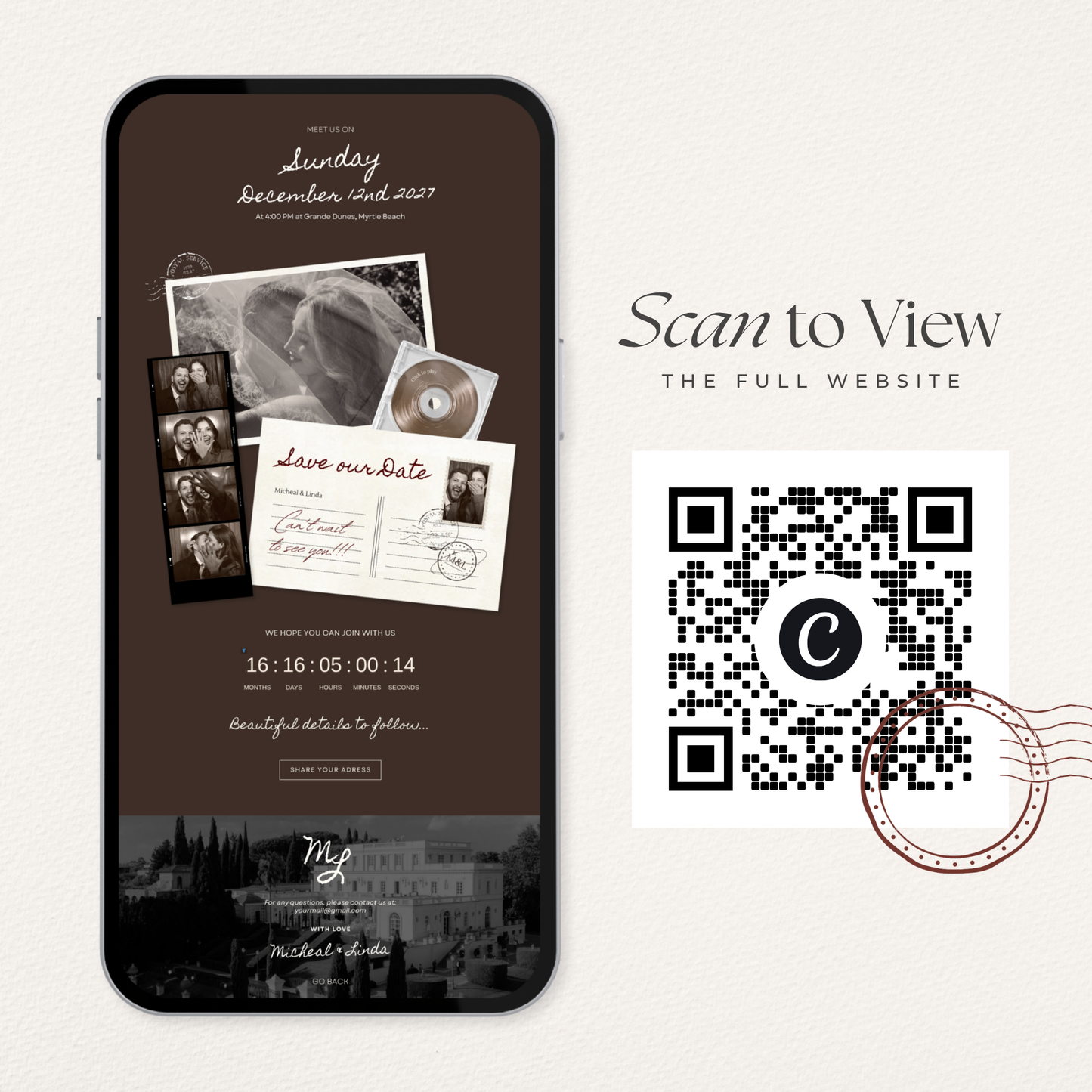 Brown Photo Booth Save the Date with RSVP, Editable Canva Wedding Website, Digital Invitation | Instant Download