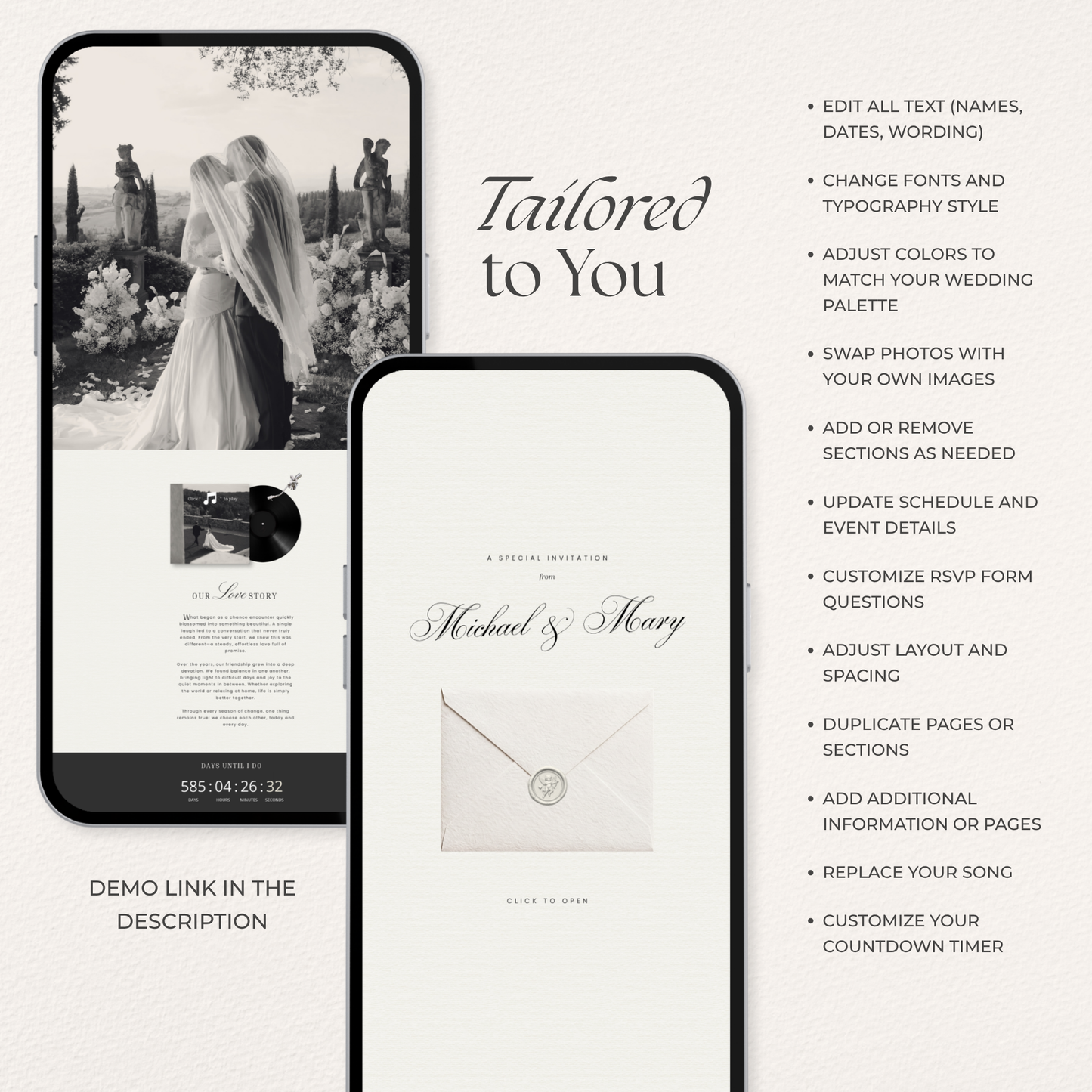 Ivory & Black Minimal Wedding Website Template with RSVP, Countdown and Music: DIY Canva Template (Digital Download)