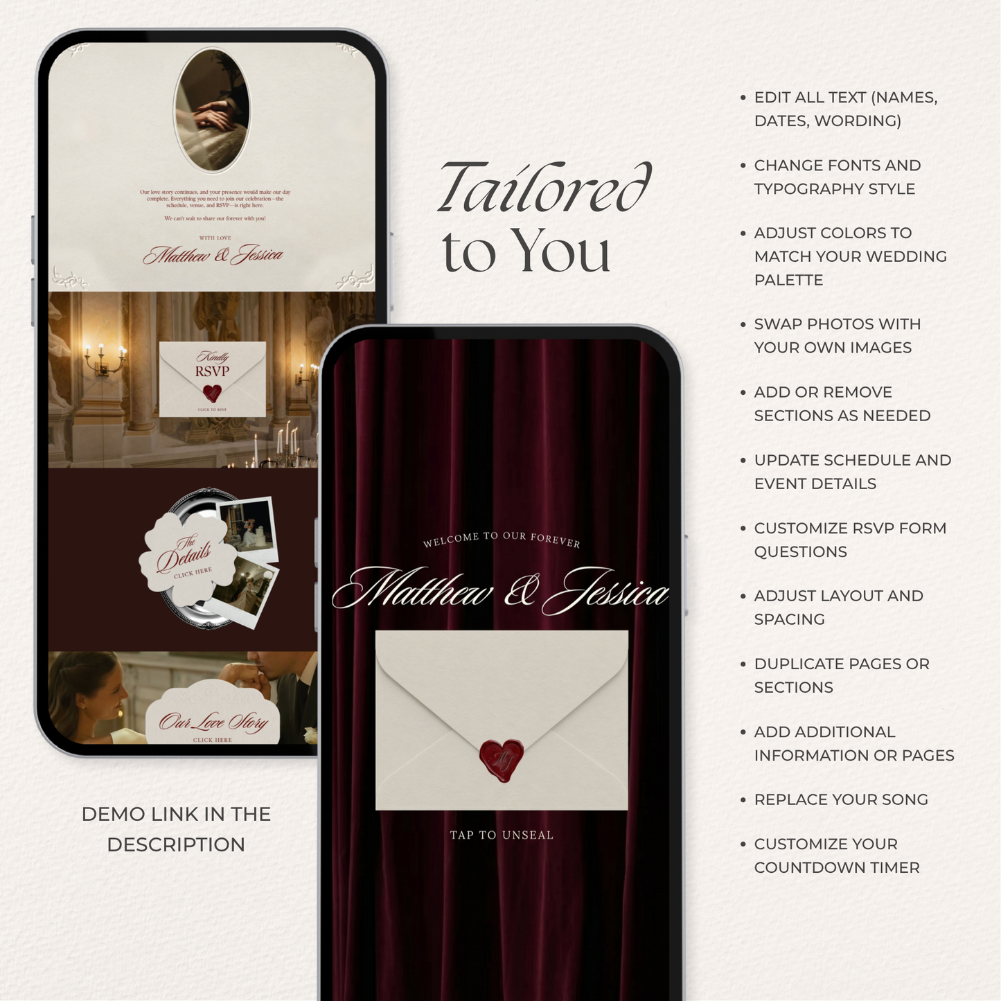 Old Money Wedding Website Template with RSVP, Music and Countdown Timer: Classic Burgundy Digital Invitation