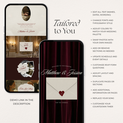 Old Money Wedding Website Template with RSVP, Music and Countdown Timer: Classic Burgundy Digital Invitation