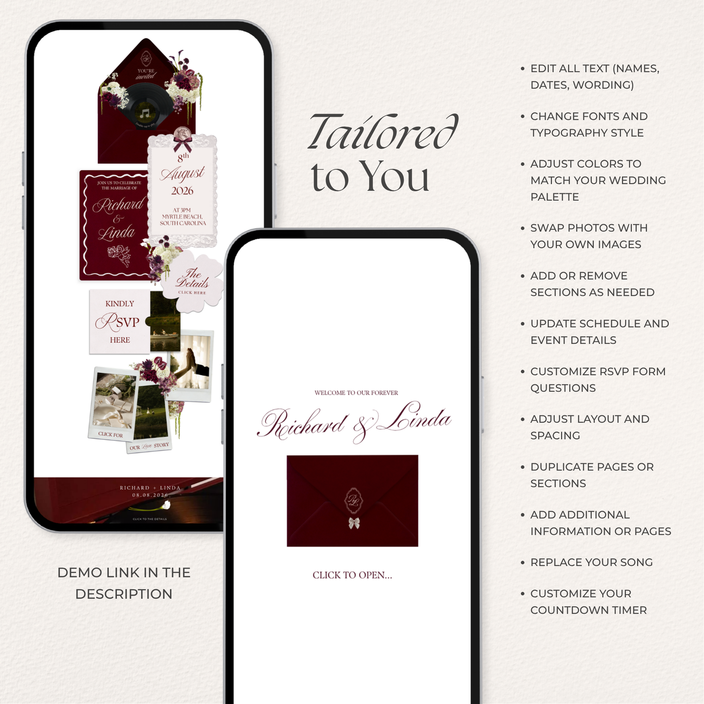 Burgundy Floral Wedding Website Template with RSVP, Music and Countdown Timer: Editable Canva Design (Digital Download)