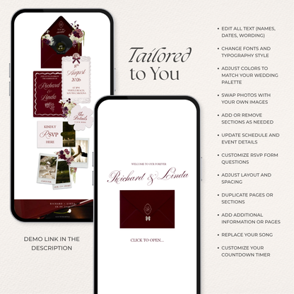 Burgundy Floral Wedding Website Template with RSVP, Music and Countdown Timer: Editable Canva Design (Digital Download)