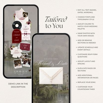 Burgundy Vintage Floral Wedding Website Template with RSVP, Music and Countdown Timer: Ivory Wedding invitations (Digital Download)