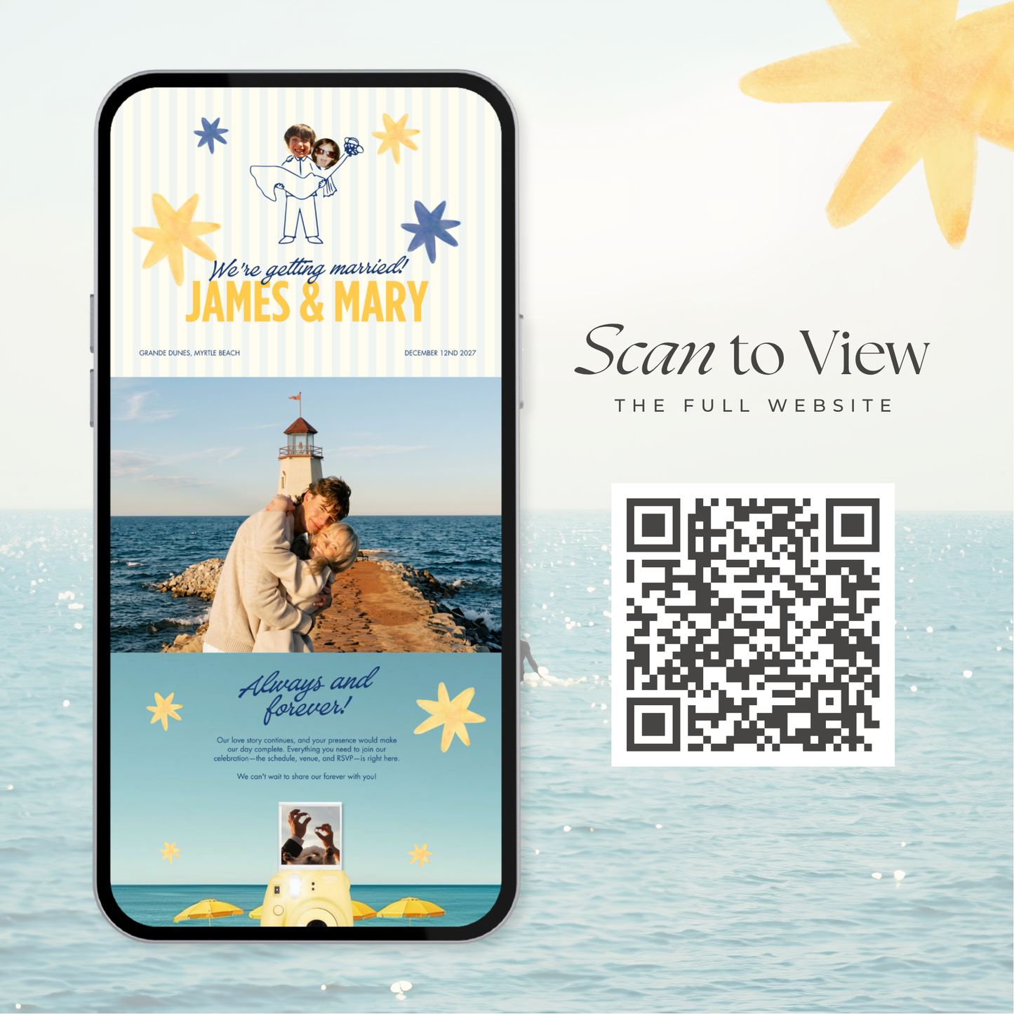 Blue & Yellow Retro Wedding Website Template | Digital Wedding Invitation with RSVP, Music and Coundown Timer | Instant Download