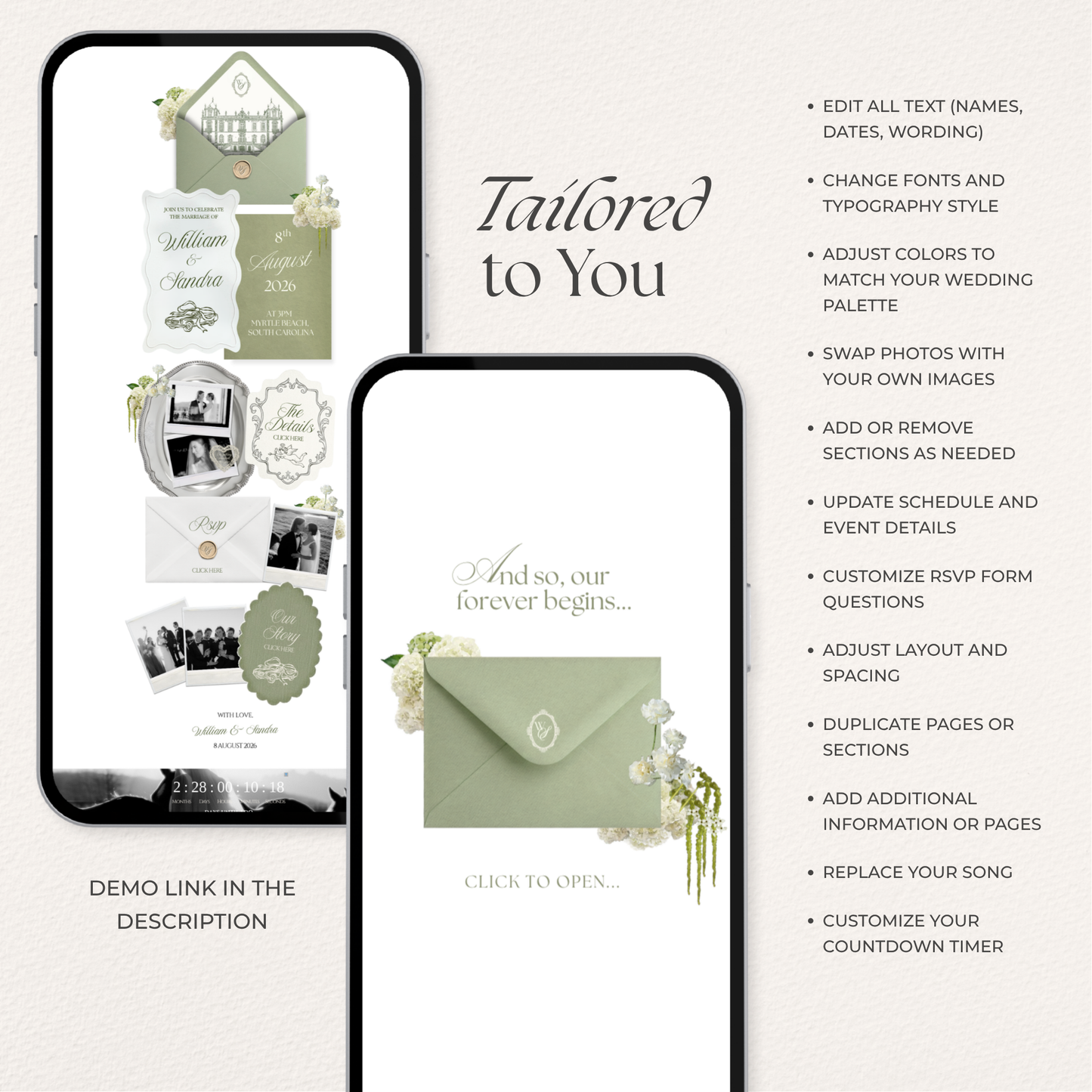 Sage Green & Ivory Floral Wedding Website Template with RSVP, Music and Countdown Timer: Editable Canva Design (Digital Download)