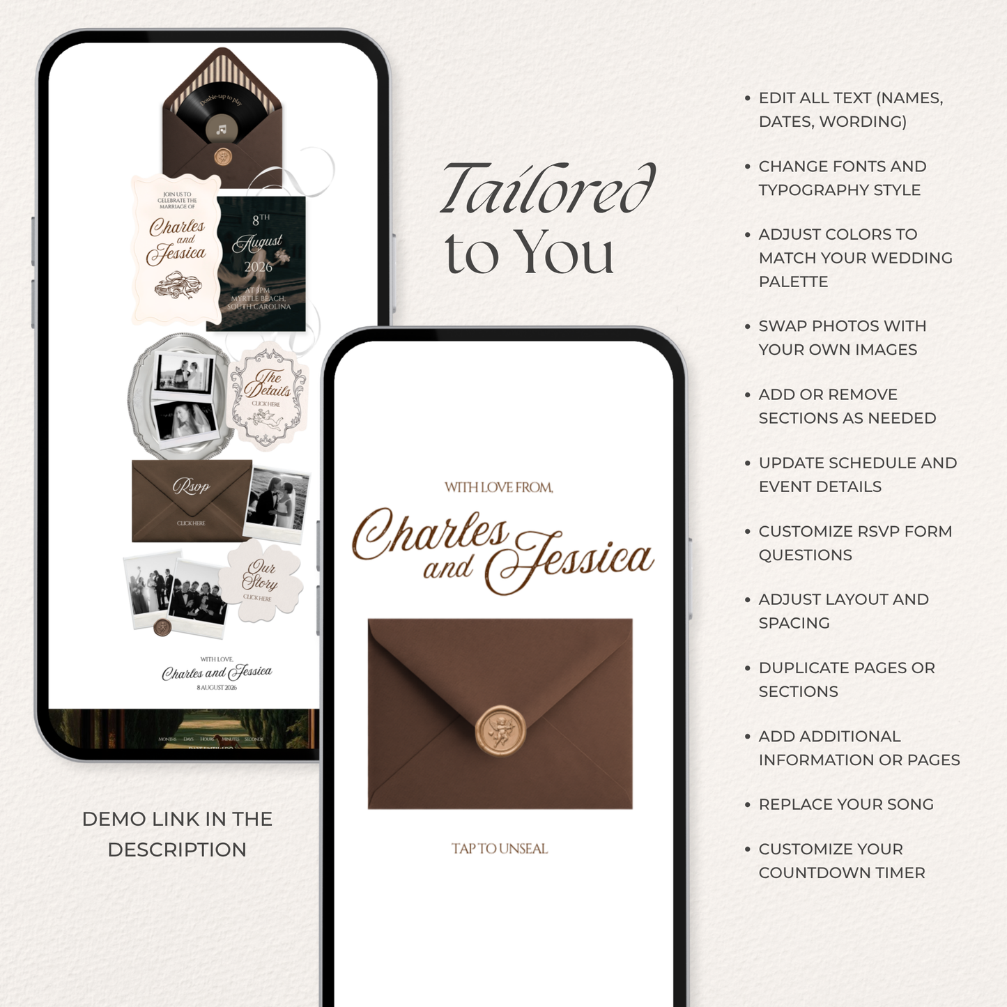 Espresso Brown & Ivory Wedding Website Template with RSVP, Music and Coundown Timer: Editable Canva Design (Digital Download)