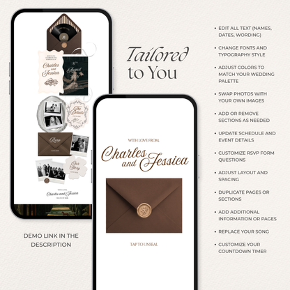 Espresso Brown & Ivory Wedding Website Template with RSVP, Music and Coundown Timer: Editable Canva Design (Digital Download)