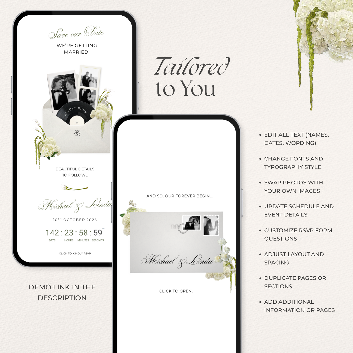 Ivory & Green Floral Save the Date Website with RSVP, Countdown Timer: Canva Digital Invitation Template (Digital Download)