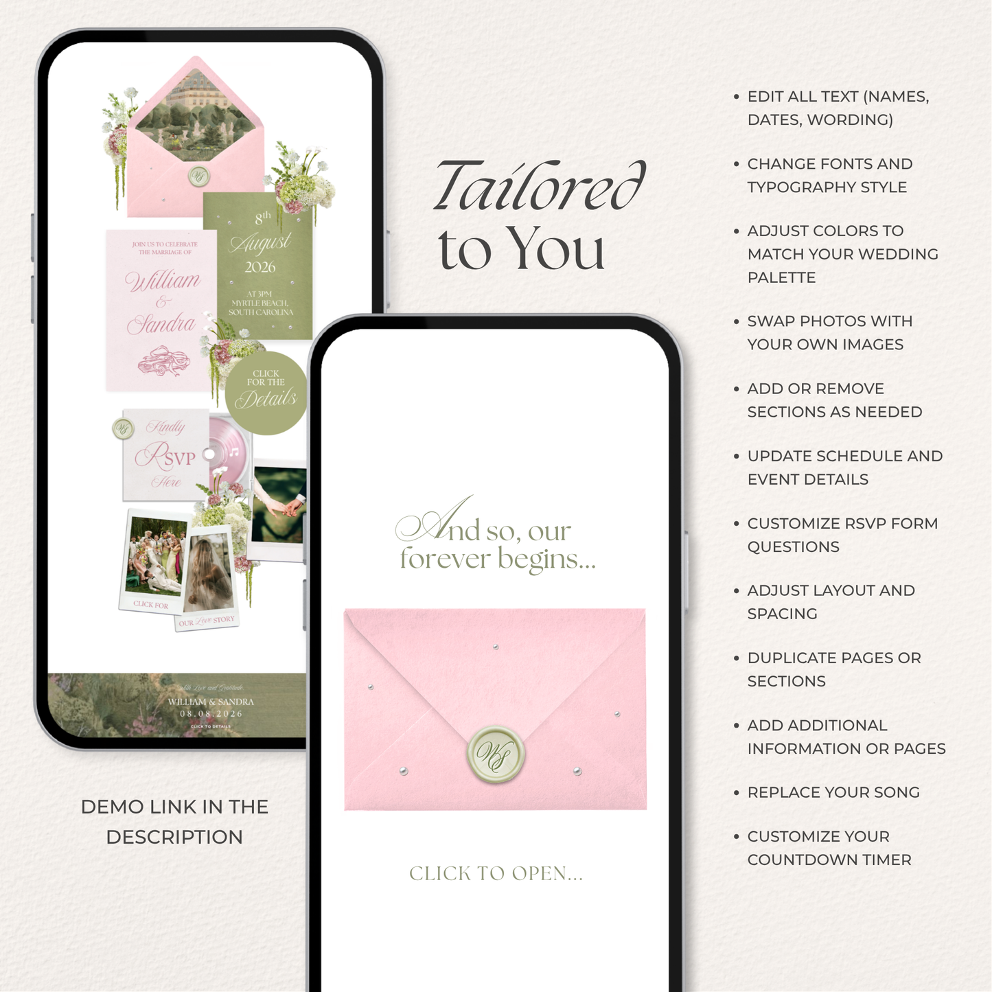 Pink & Green Floral Wedding Website Template with RSVP, Music and Countdown Timer: Editable Canva Design (Digital Download)