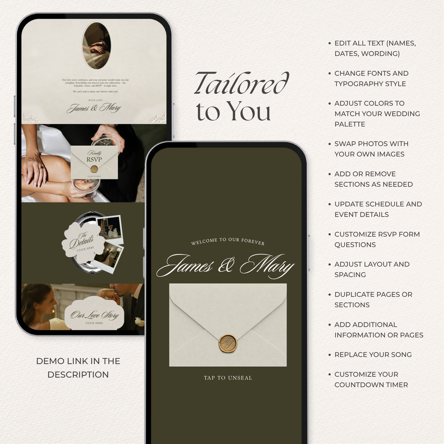 Olive Green Wedding Website Template with RSVP, Music and Countdown Timer: Old Money Wedding Invitation | Classic Digital Invitation