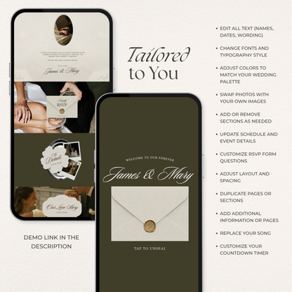 Olive Green Wedding Website Template with RSVP, Music and Countdown Timer: Old Money Wedding Invitation | Classic Digital Invitation
