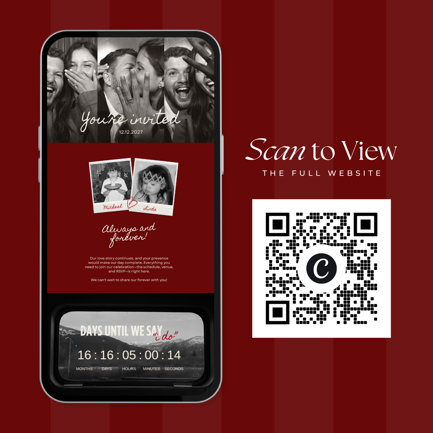 Burgundy Photo Booth Wedding Website Template with RSVP,Music and Countdown Timer: Modern Digital Wedding Invitation | Instant Download