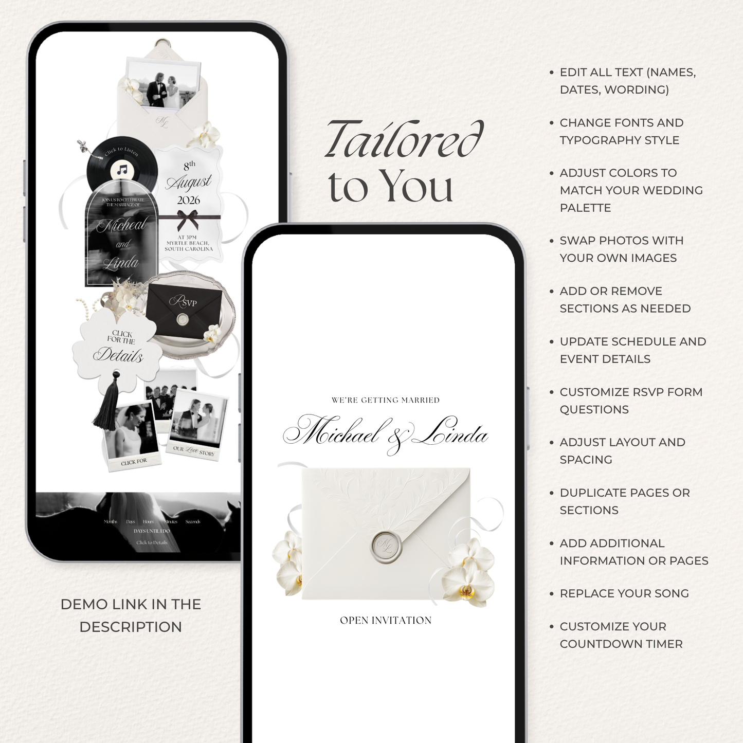 White & Black Floral Wedding Website Template with RSVP, Music and Countdown Timer | Wedding invites (Digital Download)