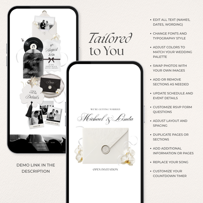White & Black Floral Wedding Website Template with RSVP, Music and Countdown Timer | Wedding invites (Digital Download)