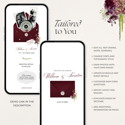 Burgundy Floral Save the Date Website with RSVP/Details,Music and Countdown Timer: Canva Digital Invitation Template (Digital Download)