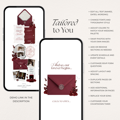 Burgundy & Ivory Vintage Floral Wedding Website Template with RSVP, Music and Countdown Timer | Editable Canva Design (Digital Download)