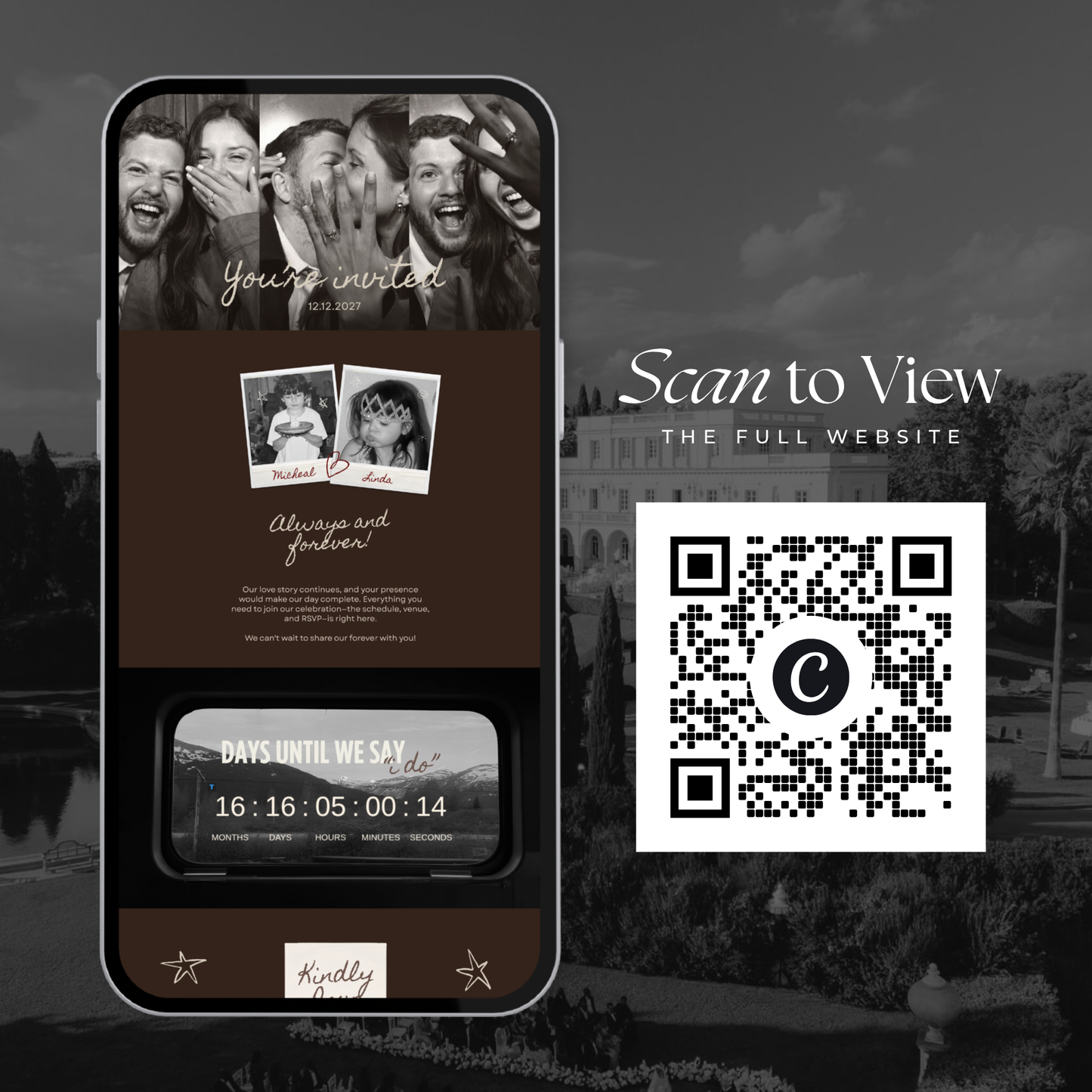 Brown Photo Booth Wedding Website Template with RSVP,Music and Countdown Timer: Modern Digital Wedding Invitation | Instant Download