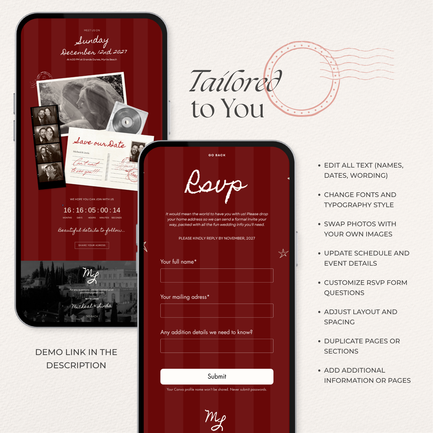 Burgundy Photo Booth Save the Date with RSVP, Editable Canva Wedding Website, Digital Invitation | Instant Download