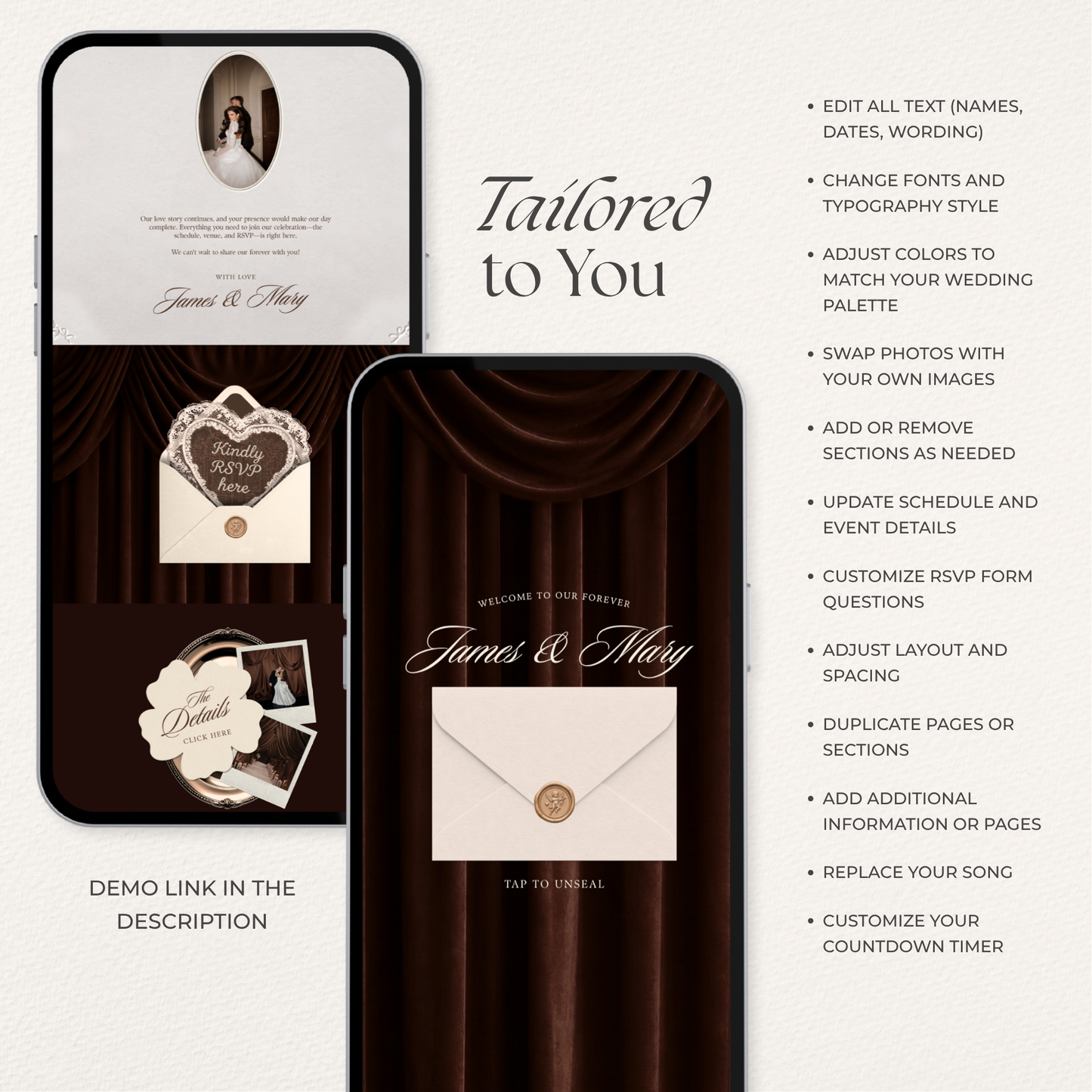 Old Money Wedding Website Template with RSVP, Music and Countdown Timer: Classic Brown Digital Invitation