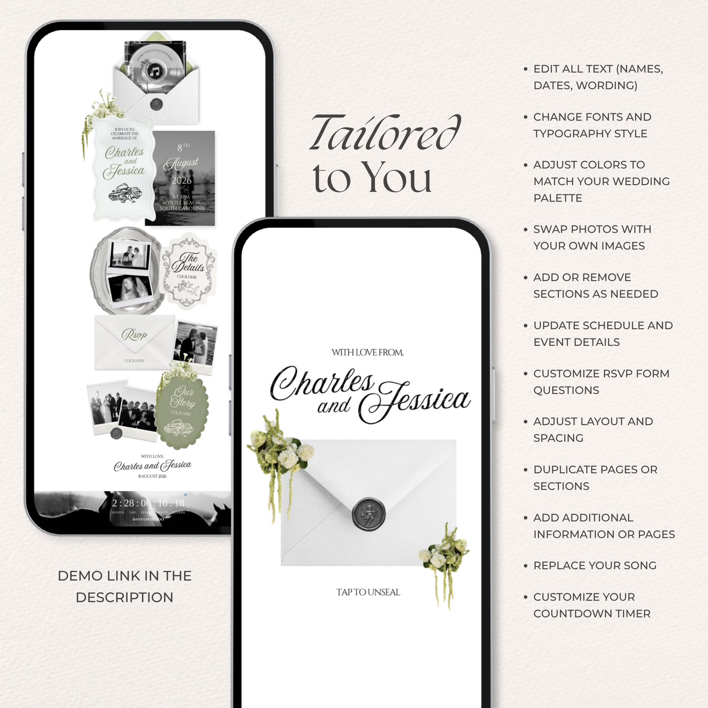 Ivory, Green & Black Floral Wedding Website Template with RSVP, Music and Countdown Timer: Editable Canva Design (Digital Download)