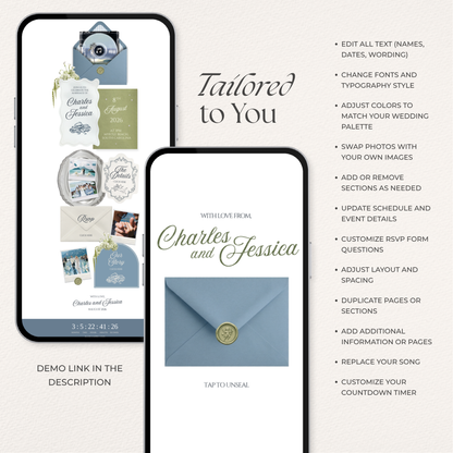 Dusty Blue Wedding Website Template with RSVP, Music and Countdown Timer: Elegant Editable Old Money Canva Site | Invitation Classic Wedding