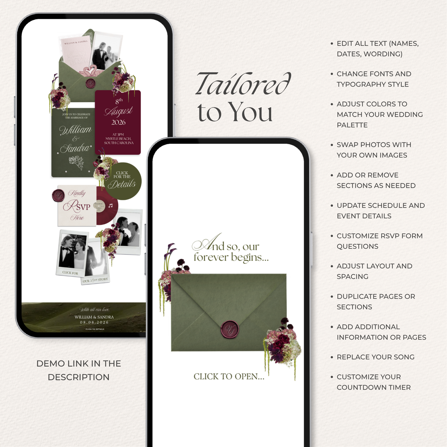 Olive Green & Burgundy Floral Wedding Website Template with RSVP, Countdown and Music: Editable Canva Design (Digital Download)