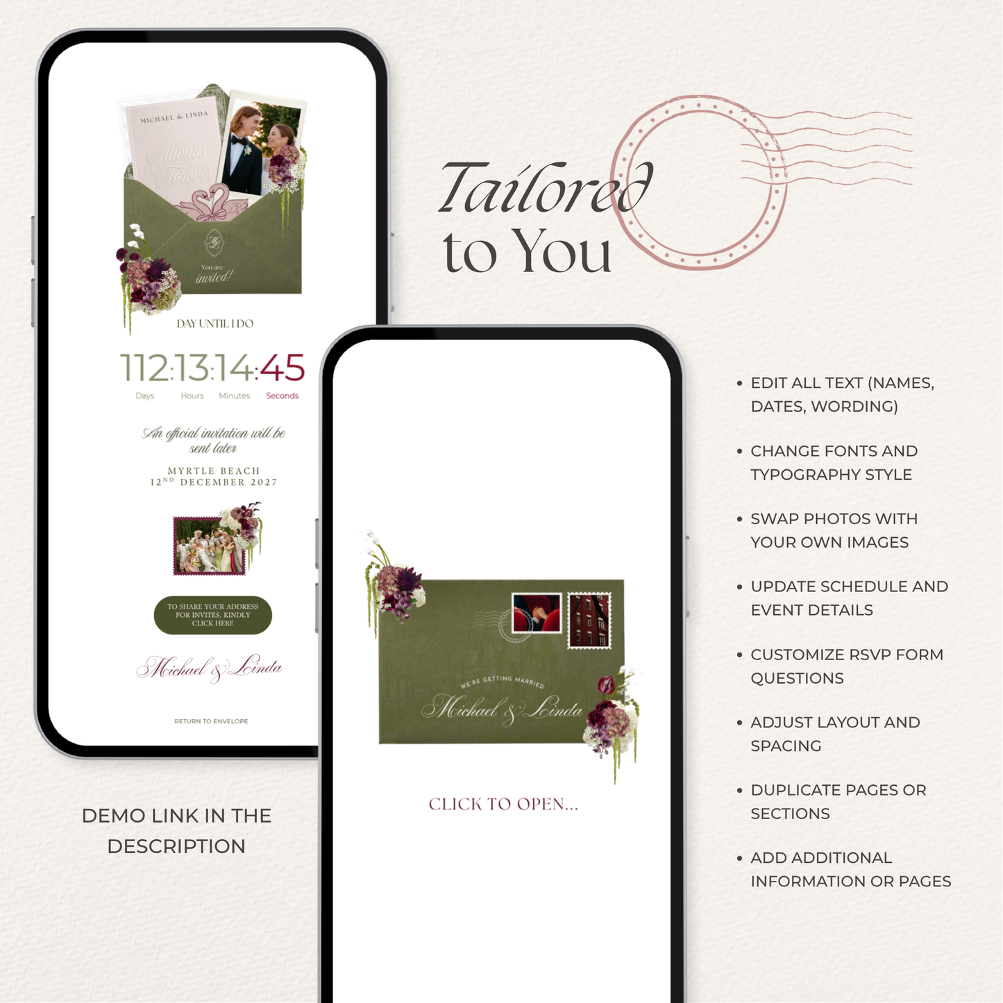 Olive Green & Burgundy Save the Date Website with RSVP, Countdown Timer: DIY Canva Template (Digital Download)