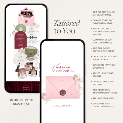 Burgundy, Green & Pink Floral Wedding Website Template with RSVP, Music and Countdown Timer: Editable Canva Design (Digital Download)
