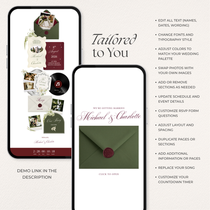 Olive Green & Burgundy Floral Wedding Website Template with RSVP, Music and Countdown Timer: Editable Canva Design (Digital Download)