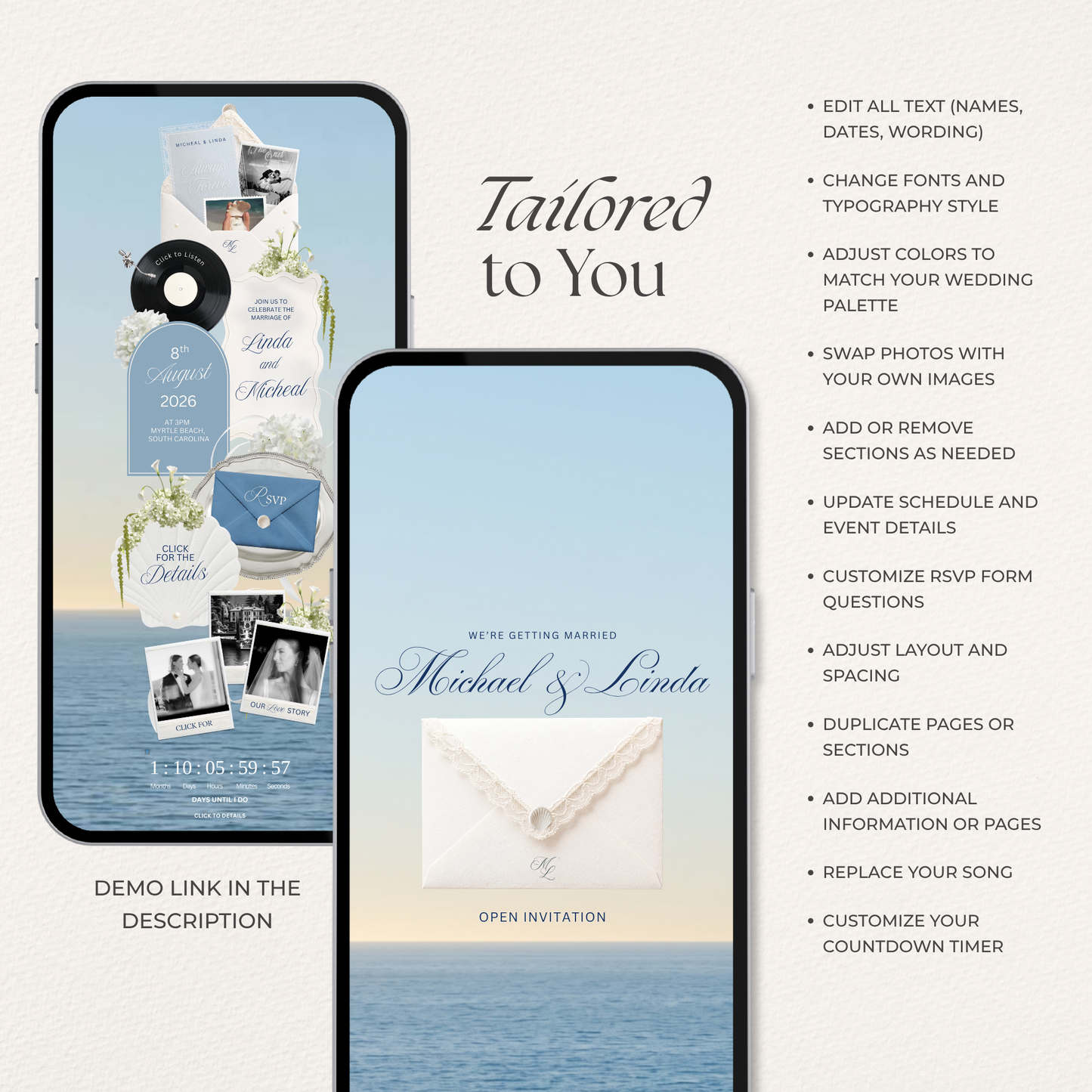 Dusty Blue Floral Wedding Website Template | Digital Wedding Invitation with RSVP, Music and Countdown Timer | Instant Download